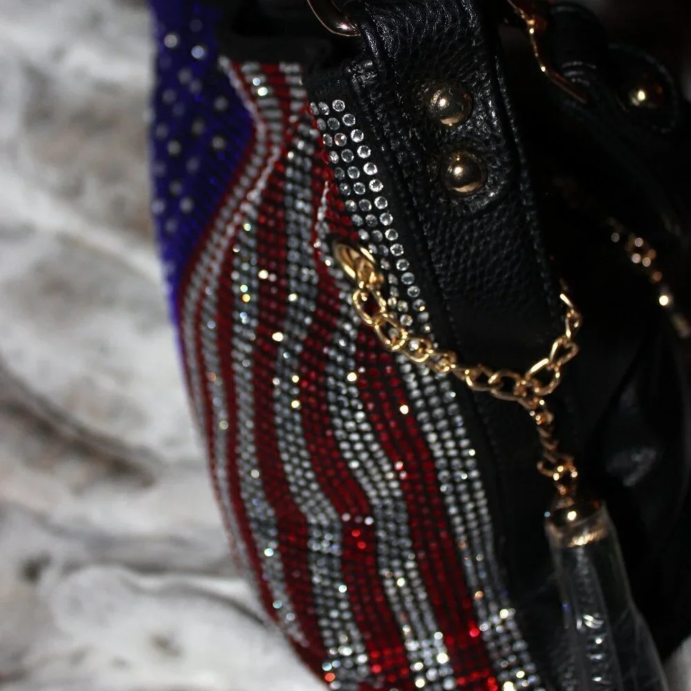 American Flag Red White Blue Rhinestone Bling Black Hobo Crossbody Shoulder Bag